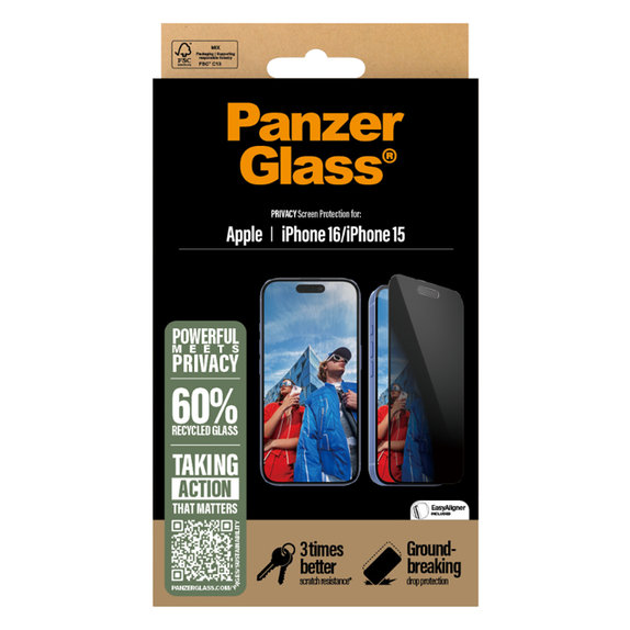 Tvrdené sklo UWF Privacy s aplikátorom pre iPhone 16/15, Čierna, PanzerGlass
