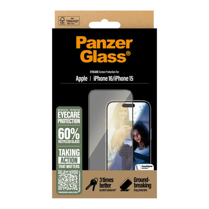 Tvrdené sklo UWF Eyecare s aplikátorom pre iPhone 16/15, Čierna, PanzerGlass