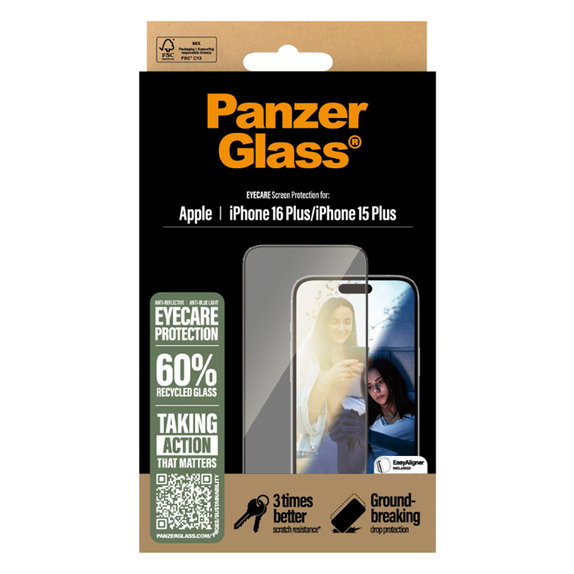 Tvrdené sklo UWF Eyecare s aplikátorom pre iPhone 16 Plus/15 Plus, Čierna, PanzerGlass