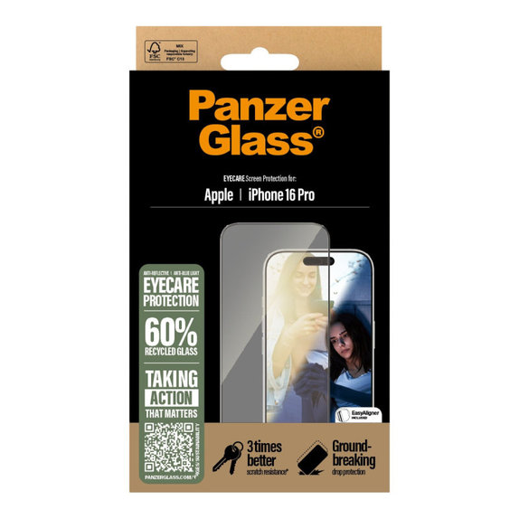 Tvrdené sklo UWF Eyecare s aplikátorom pre iPhone 16 Pro, Čierna, PanzerGlass