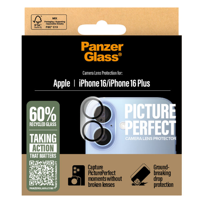 PanzerGlass - Ochranný Kryt Objektívu Fotoaparátu PicturePerfect pre iPhone 16 a 16 Plus, transparentná