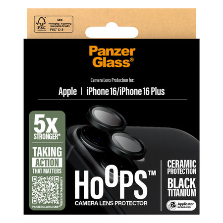PanzerGlass - Ochranný Kryt Objektívu Fotoaparátu Hoops Ceramic pre iPhone 16 a 16 Plus, čierna