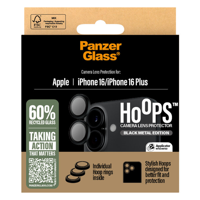 PanzerGlass - Ochranný Kryt Objektívu Fotoaparátu Hoops pre iPhone 16 a 16 Plus, čierna