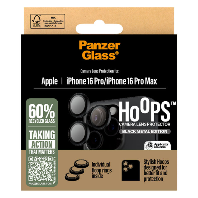 PanzerGlass - Ochranný Kryt Objektívu Fotoaparátu Hoops pre iPhone 16 Pro a 16 Pro Max, čierna