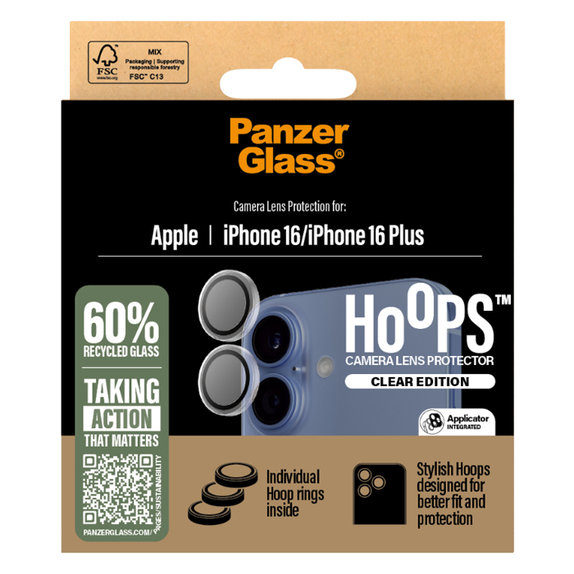 PanzerGlass - Ochranný Kryt Objektívu Fotoaparátu Hoops pre iPhone 16 a 16 Plus, transparentná