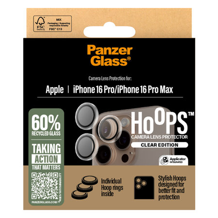 PanzerGlass - Ochranný Kryt Objektívu Fotoaparátu Hoops pre iPhone 16 Pro a 16 Pro Max, transparentná