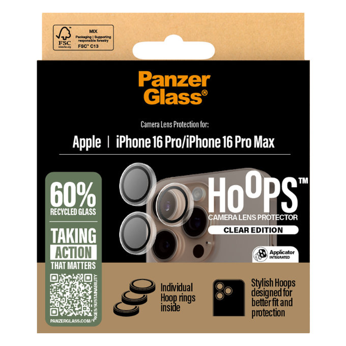 PanzerGlass - Ochranný Kryt Objektívu Fotoaparátu Hoops pre iPhone 16 Pro a 16 Pro Max, transparentná
