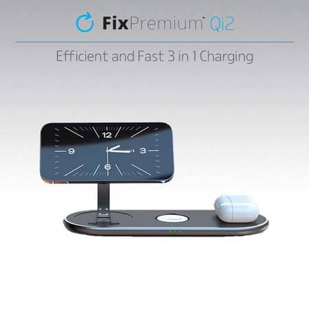 FixPremium - Nabíjací Stojan s Qi2 pre iPhone, Apple Watch a AirPods, čierna