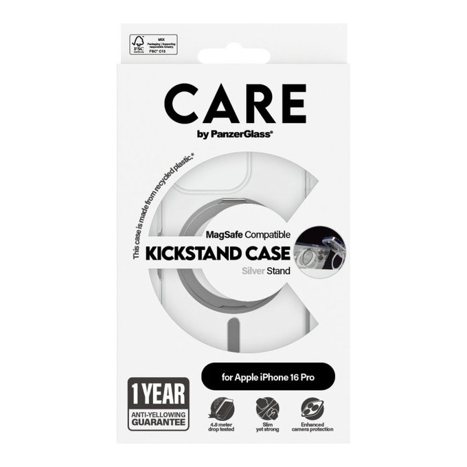 Puzdro Kickstand s MagSafe pre iPhone 16 Pro, Strieborná, CARE
