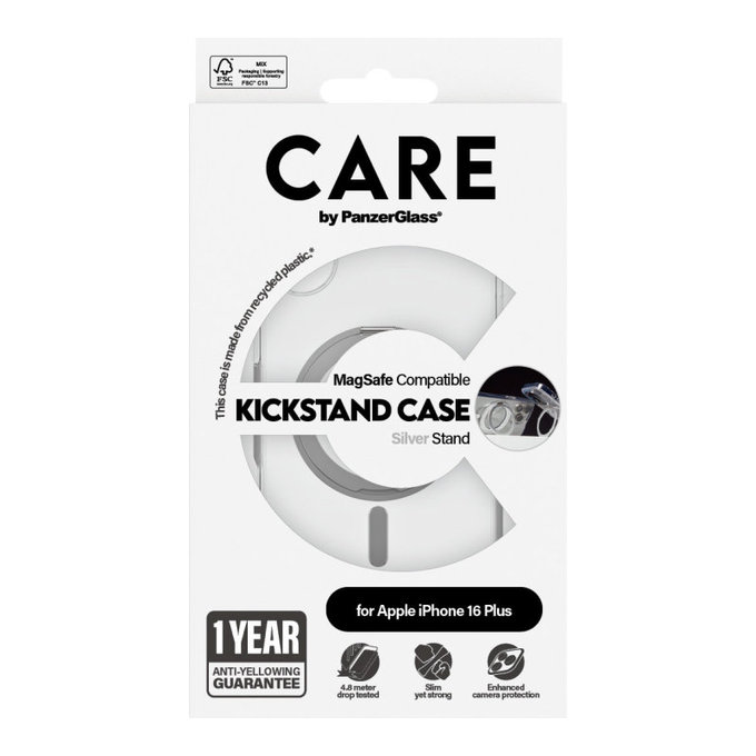 Puzdro Kickstand s MagSafe pre iPhone 16 Plus, Strieborná, CARE