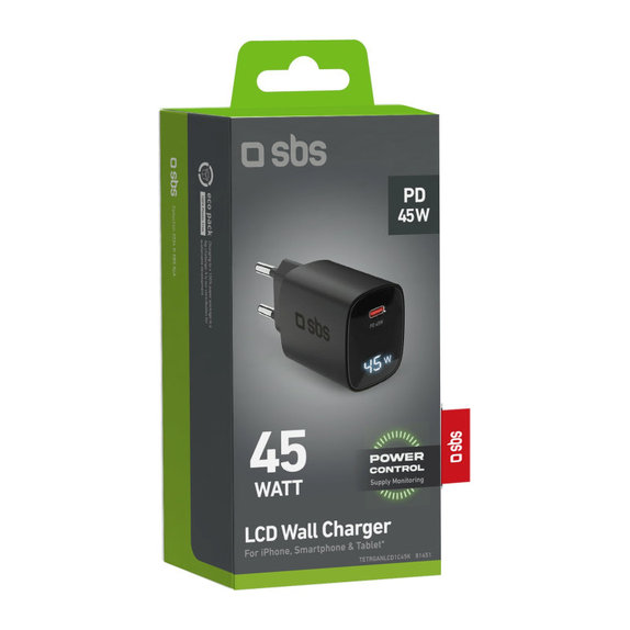 Cestovný adaptér LCD USB-C, GaN, 45 W PD, čierna, SBS