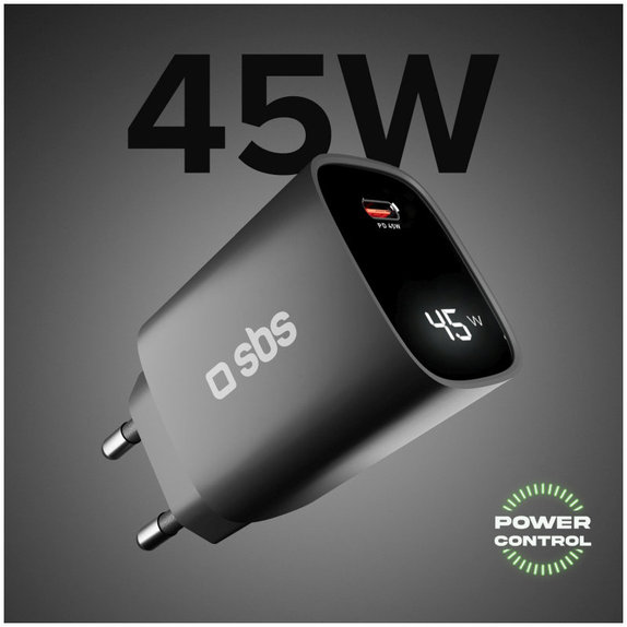 Cestovný adaptér LCD USB-C, GaN, 45 W PD, čierna, SBS