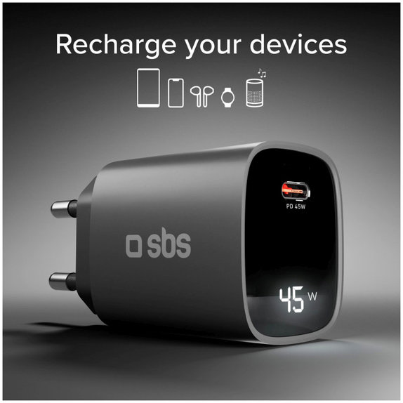 Cestovný adaptér LCD USB-C, GaN, 45 W PD, čierna, SBS