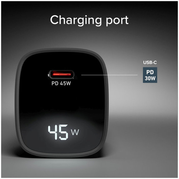 Cestovný adaptér LCD USB-C, GaN, 45 W PD, čierna, SBS