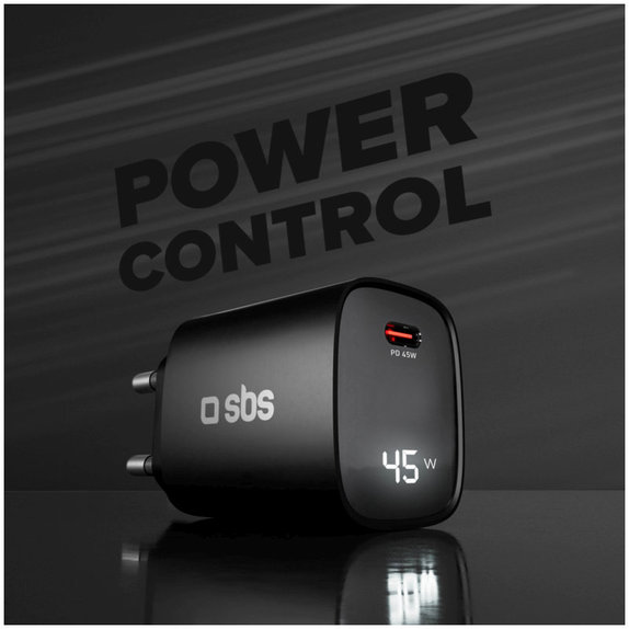 Cestovný adaptér LCD USB-C, GaN, 45 W PD, čierna, SBS