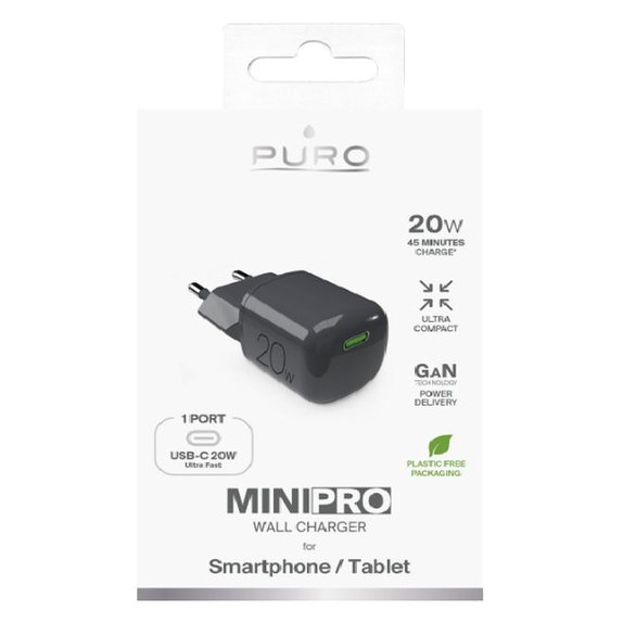 PURO - Nabíjací adaptér MiniPro USB-C, GaN, 20W, black oyster