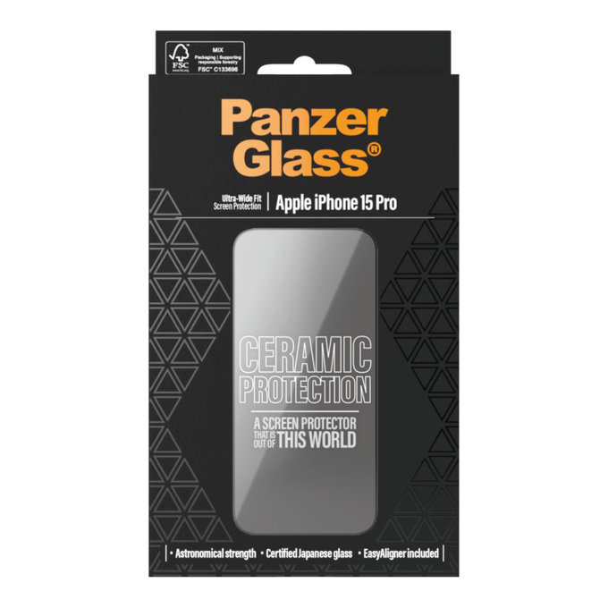 Tvrdené sklo UWF Ceramic s aplikátorom pre iPhone 15 Pro, Čierna, PanzerGlass
