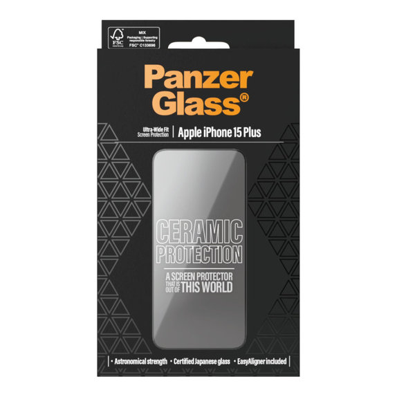 Tvrdené sklo UWF Ceramic s aplikátorom pre iPhone 15 Plus, Čierna, PanzerGlass