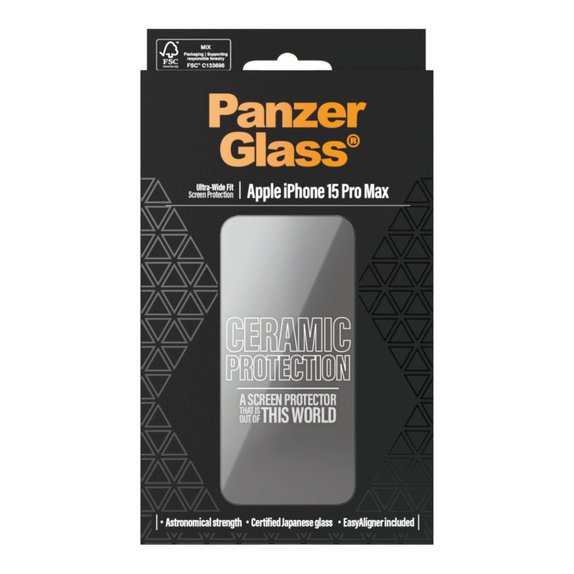 Tvrdené sklo UWF Ceramic s aplikátorom pre iPhone 15 Pro Max, Čierna, PanzerGlass