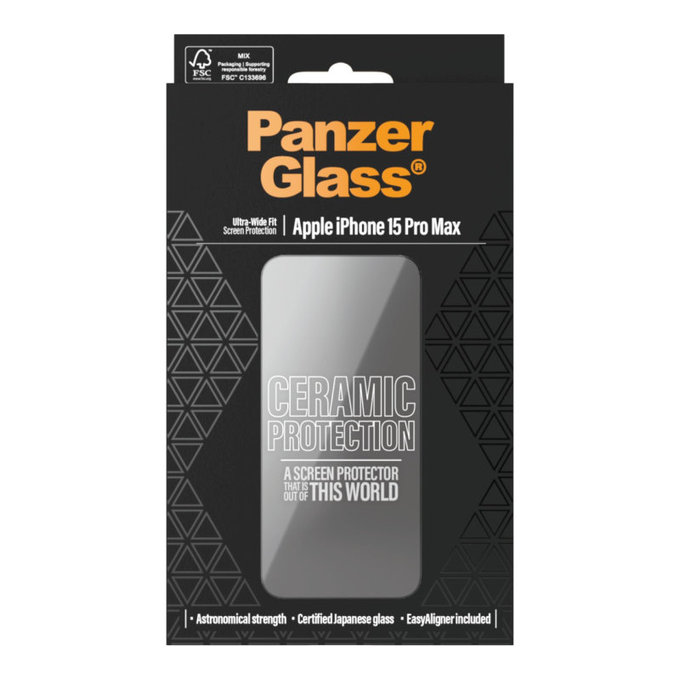 Tvrdené sklo UWF Ceramic s aplikátorom pre iPhone 15 Pro Max, Čierna, PanzerGlass