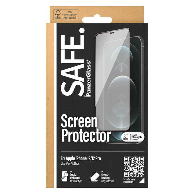 Tvrdené sklo Case Friendly pre iPhone 12 Pro/12, Čierna, SAFE by PanzerGlass