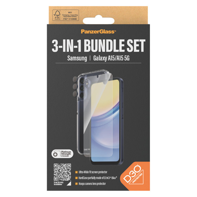 Bundle Hoops + Tvrdené sklo UWF + Hard Case D3O pre Samsung Galaxy A15/A15 5G, PanzerGlass