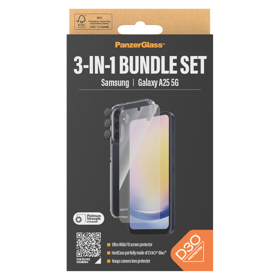 Bundle Hoops + Tvrdené sklo UWF + Hard Case D3O pre Samsung Galaxy A25 5G, Transparentná, PanzerGlass