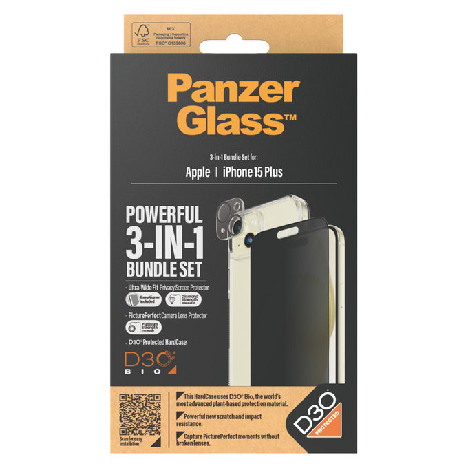 Bundle PicturePerfect + Tvrdené sklo UWF Privacy + Hard Case D3O pre iPhone 15 Plus, PanzerGlass