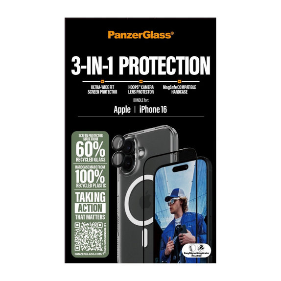 Bundle 3v1 Hoops + Tvrdené sklo UWF + Hard Case pre iPhone 16, PanzerGlass
