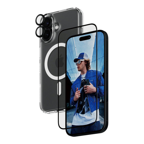 Bundle 3v1 Hoops + Tvrdené sklo UWF + Hard Case pre iPhone 16, PanzerGlass