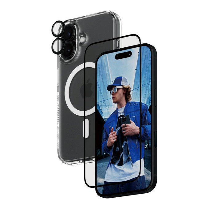 Bundle 3v1 Hoops + Tvrdené sklo UWF + Hard Case pre iPhone 16, PanzerGlass