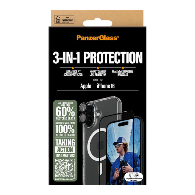 Bundle 3v1 Hoops + Tvrdené sklo UWF + Hard Case pre iPhone 16, PanzerGlass