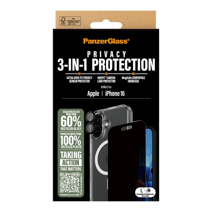 Bundle Hoops + Tvrdené sklo UWF Privacy + Hard Case pre iPhone 16, PanzerGlass