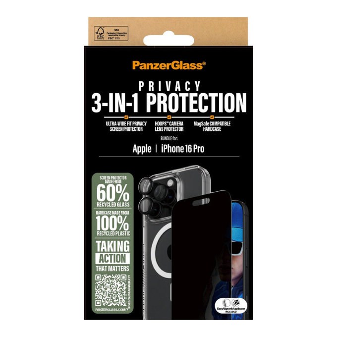 Bundle Hoops + Tvrdené sklo UWF Privacy + Hard Case pre iPhone 16 Pro, PanzerGlass