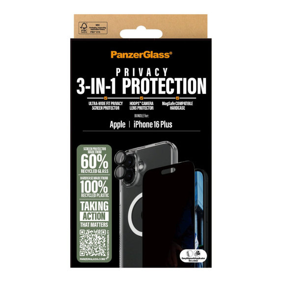Bundle Hoops + Tvrdené sklo UWF Privacy + Hard Case pre iPhone 16 Plus, PanzerGlass