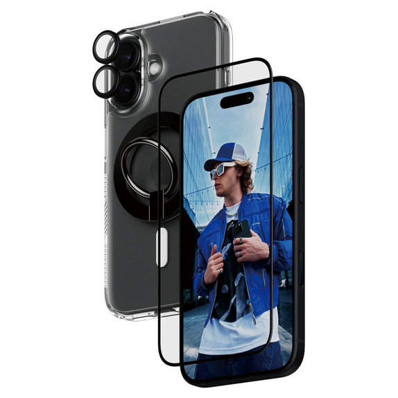 Bundle Hoops + Tvrdené sklo UWF + Hard Case + Magnetic Ring Mount pre iPhone 16, PanzerGlass