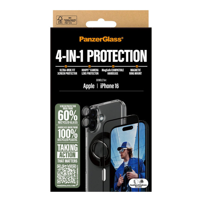 Bundle Hoops + Tvrdené sklo UWF + Hard Case + Magnetic Ring Mount pre iPhone 16, PanzerGlass