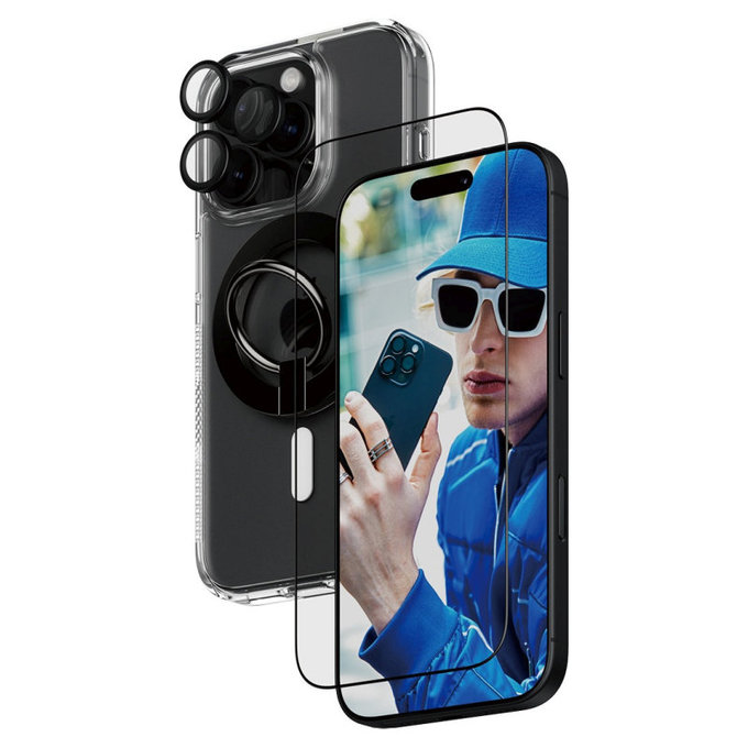 Bundle Hoops + Tvrdené sklo UWF + Hard Case + Magnetic Ring Mount pre iPhone 16 Pro, PanzerGlass