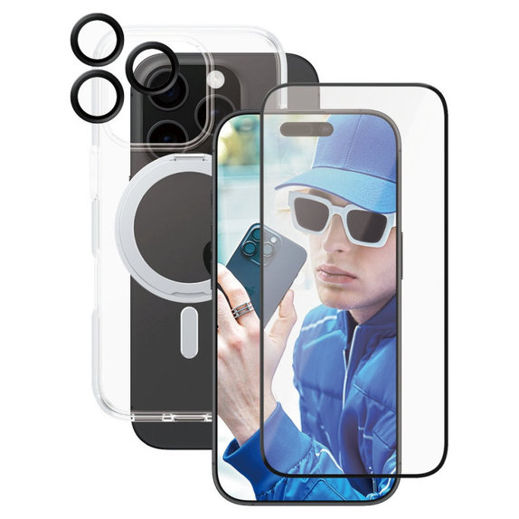 Bundle Hoops Ceramic + Tvrdené sklo UWF Ceramic + Puzdro Kickstand pre iPhone 16 Pro, CARE