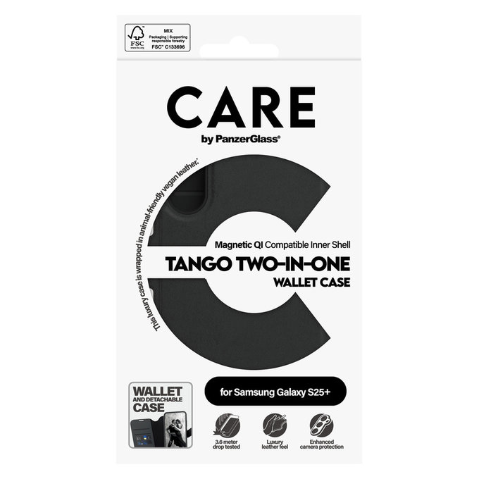 Puzdro Wallet Tango Two-In-One s QI pre Samsung Galaxy S25+, Čierna, PanzerGlass