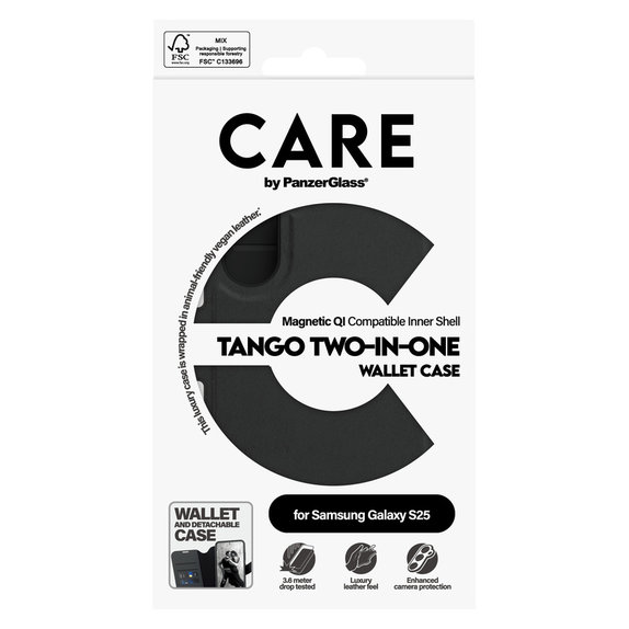 Puzdro Wallet Tango Two-In-One s QI pre Samsung Galaxy S25, Čierna, PanzerGlass