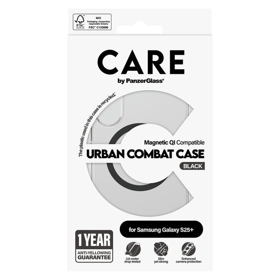 Puzdro Urban Combat s čiernym QI pre Samsung Galaxy S25+, Transparentná, PanzerGlass