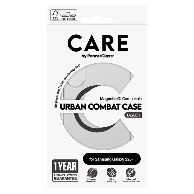 Puzdro Urban Combat s čiernym QI pre Samsung Galaxy S25+, Transparentná, PanzerGlass