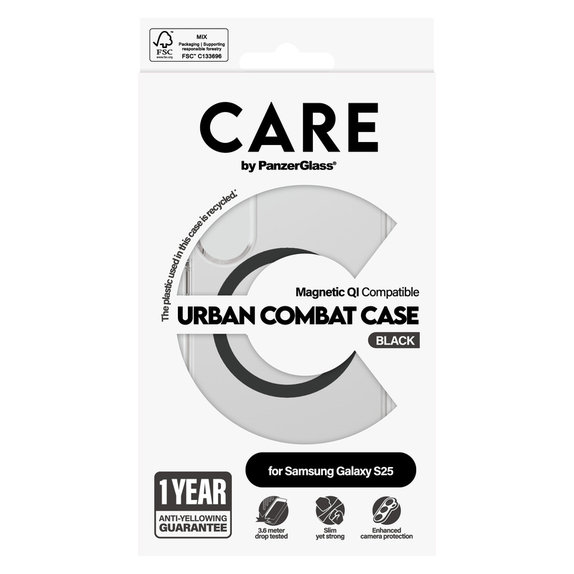 Puzdro Urban Combat s čiernym QI pre Samsung Galaxy S25, Transparentná, PanzerGlass