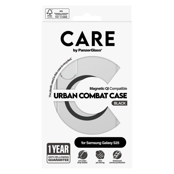 Puzdro Urban Combat s čiernym QI pre Samsung Galaxy S25, Transparentná, PanzerGlass