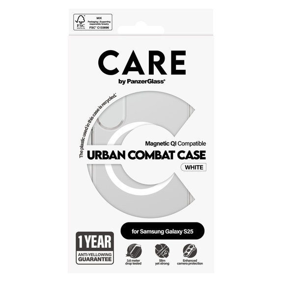 Puzdro Urban Combat s bielym QI pre Samsung Galaxy S25, Transparentná, PanzerGlass