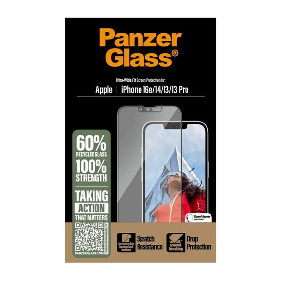 Tvrdené sklo UWF s aplikátorom pre iPhone 17e/16e/14/13/13 Pro, Čierna, PanzerGlass