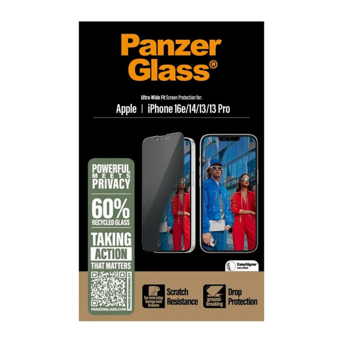 Tvrdené sklo UWF Privacy s aplikátorom pre iPhone 17e/16e/14/13/13 Pro, Čierna, PanzerGlass