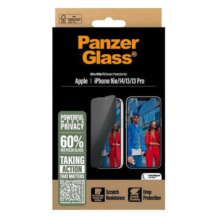 PanzerGlass - Tvrdené sklo UWF Privacy s aplikátorom pre iPhone 13, 13 Pro, 14 a 16e, čierna