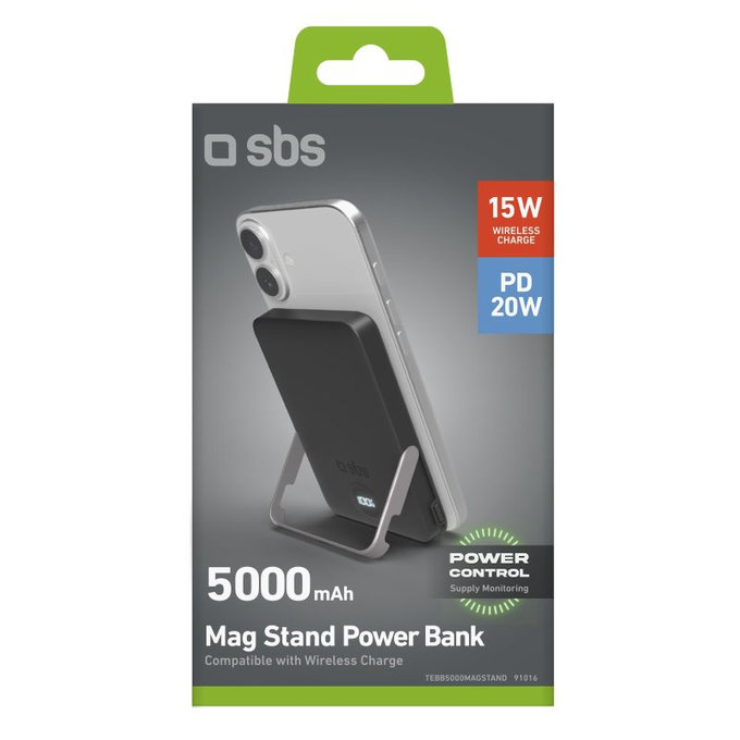 SBS - PowerBank 5000mAh, 20W, Power Delivery, Mag Stand, čierna